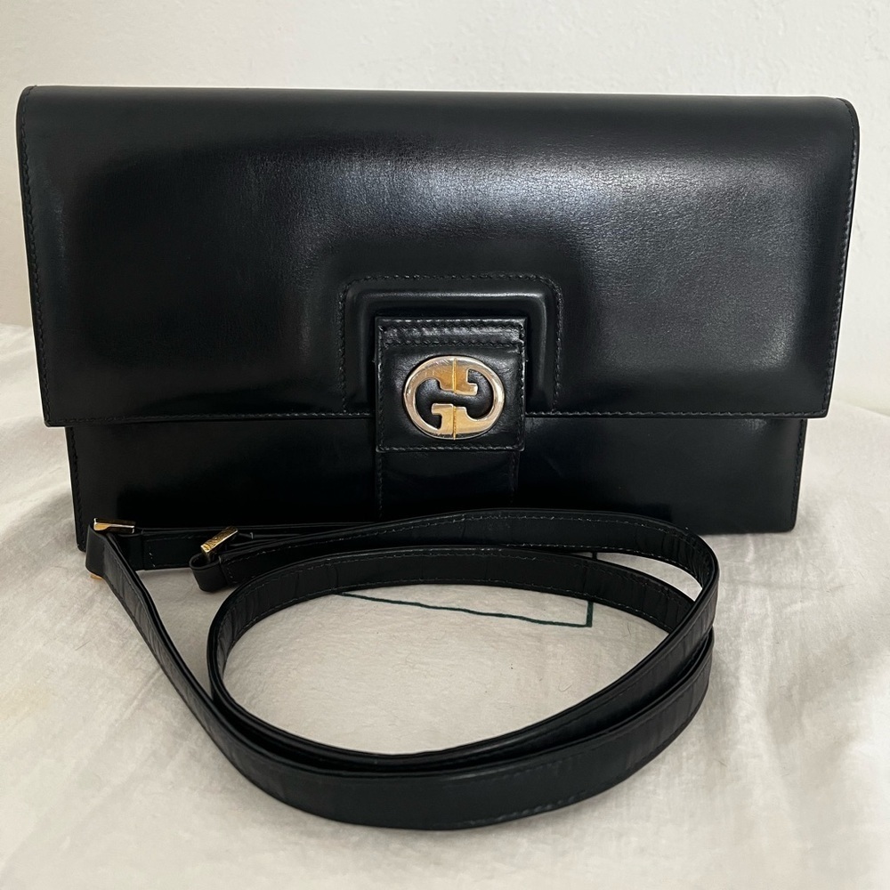 Rare Vintage Gucci Shoulder Clutch Bag Black Leather 1970s